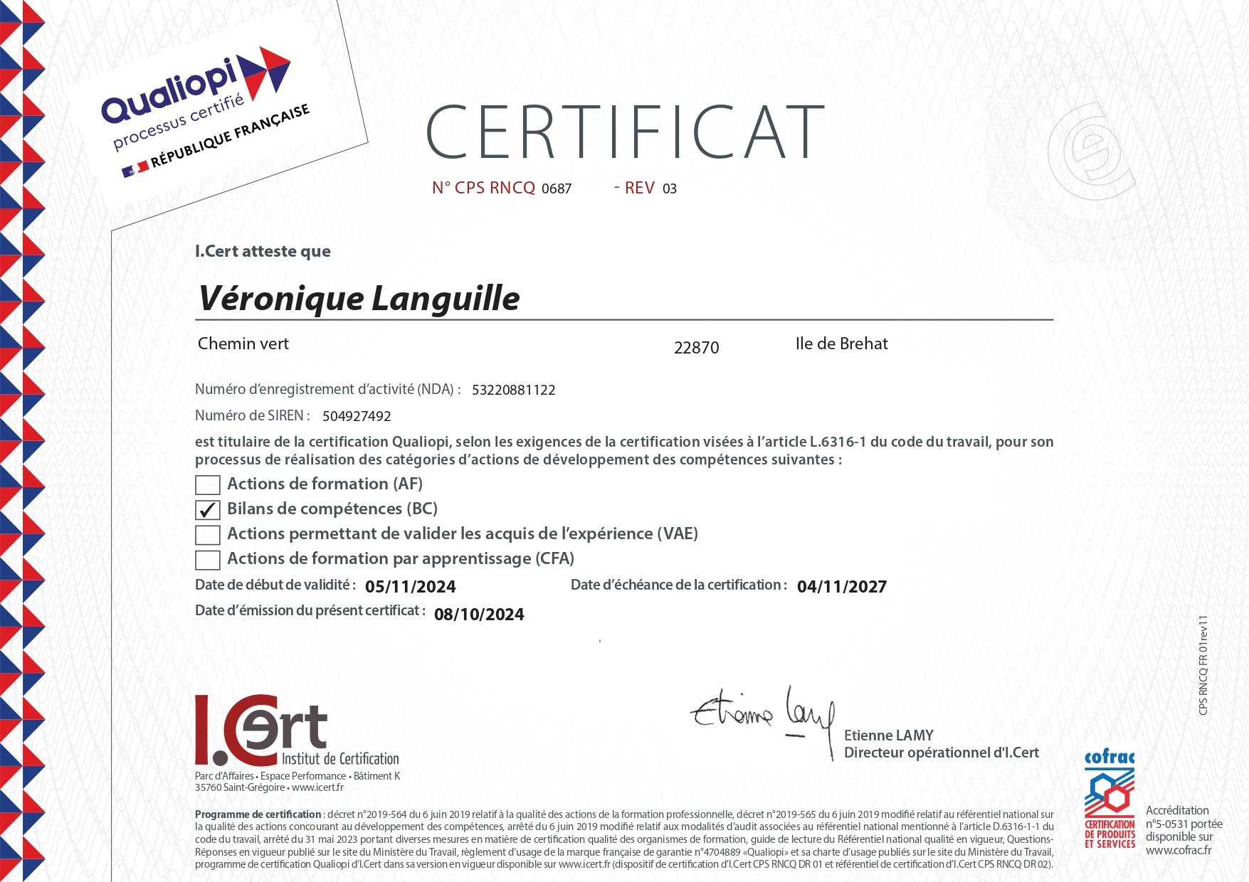 Véronique Languille - certificat QUALIOPI